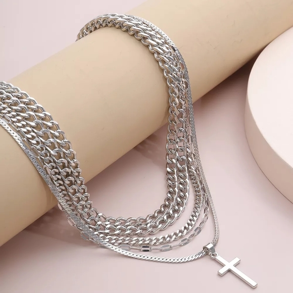 Silver Multilayer Cross Necklace - Picture 7 of 9